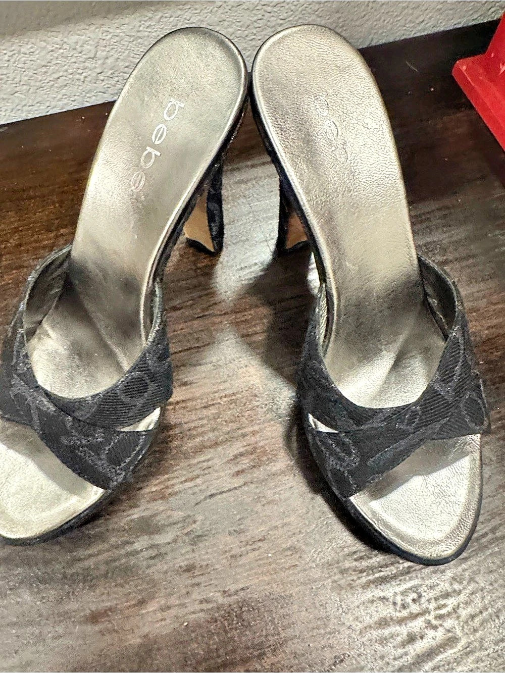 bebe Black & Silver Peep Toe Heels